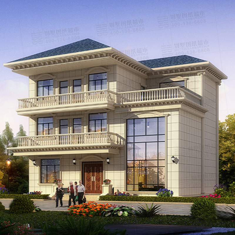 欧式带挑空客厅自建房三层别墅设计图纸