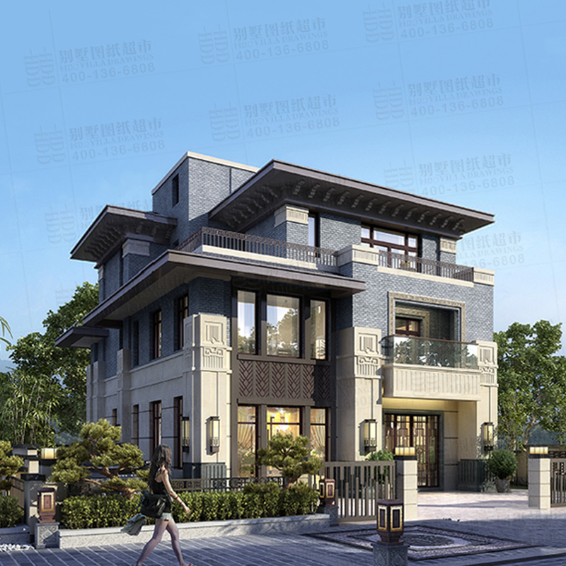 新中式带挑空客厅自建房三层别墅设计图纸