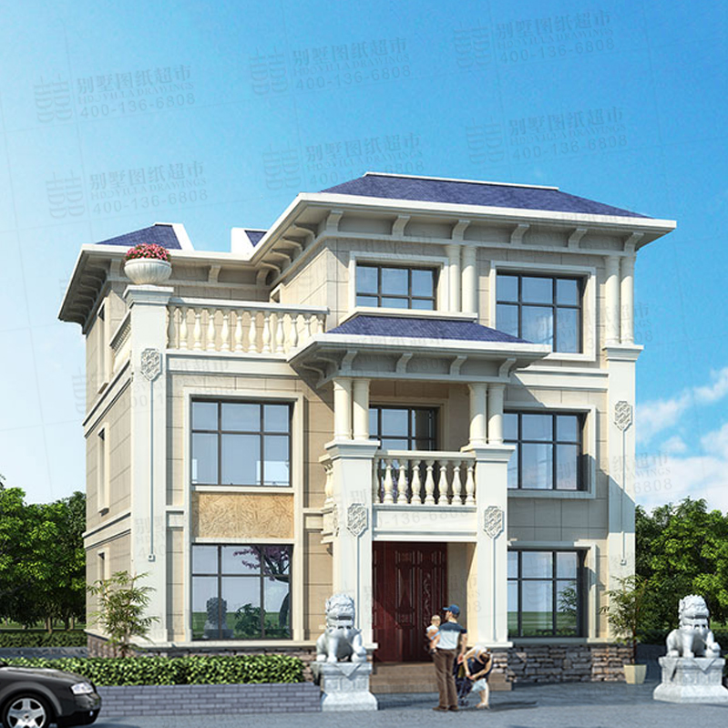 豪华欧式带挑空客厅自建房三层别墅设计图纸
